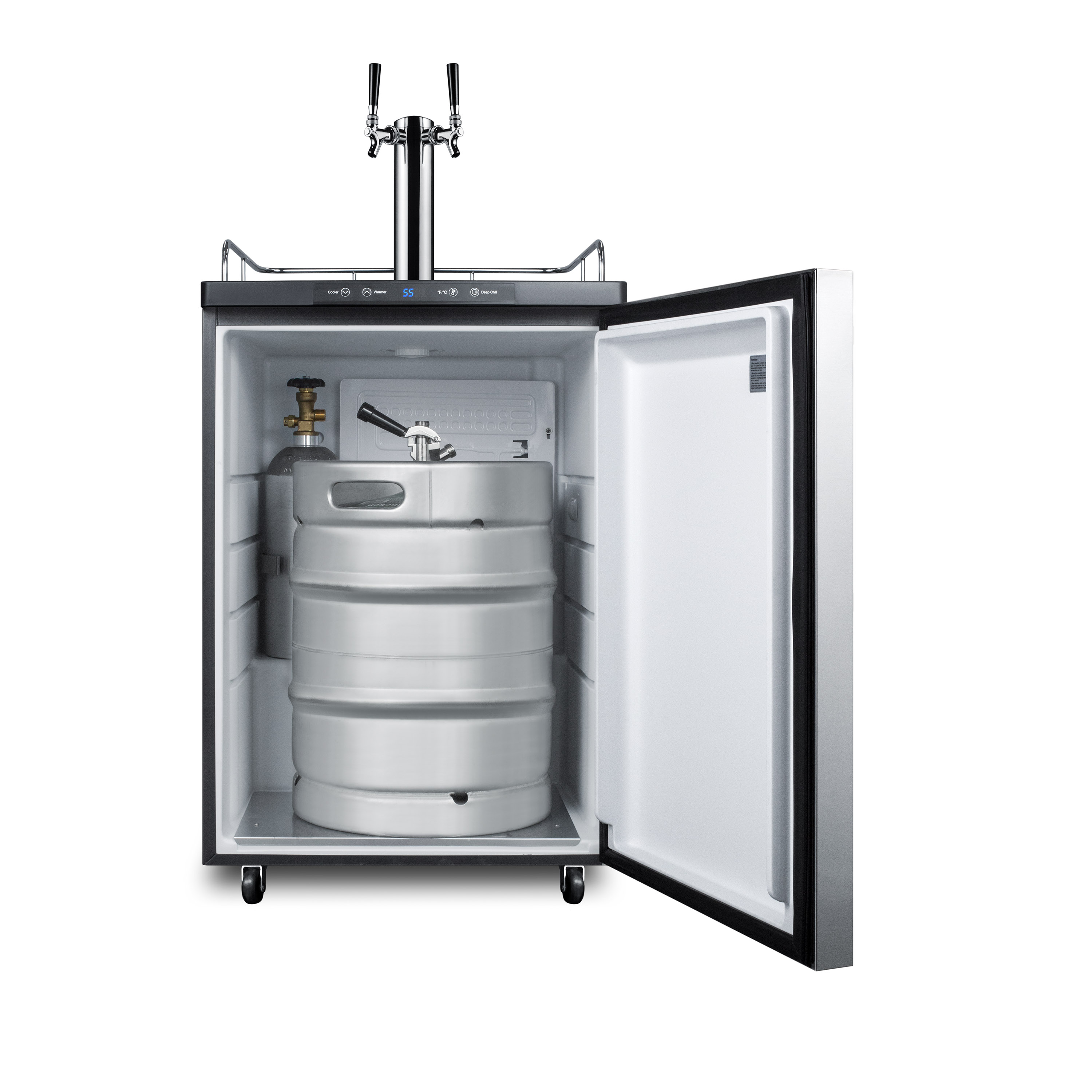 Freestanding dual tap residential beer dispenser, auto defrost w/digital thermostat, SS wrapped door, horizontal handle, and black cabinet